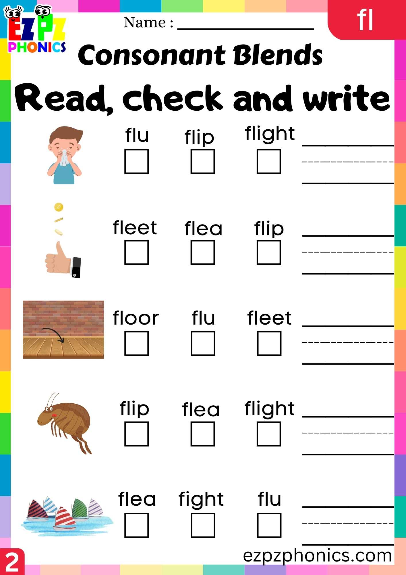 Group2 Fl Words Read Check And Write Phonics Consonant Blends Worksheet